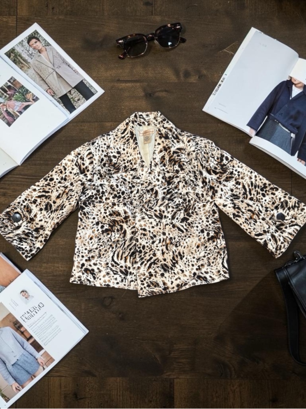 Cream and Brown Printed Cropped Jacket